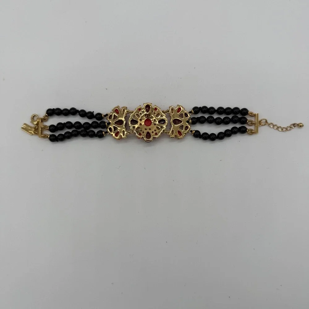 Kate Spade New York Burst Into Bloom Statement Bracelet Red Black Gold Tone - Picture 3 of 5